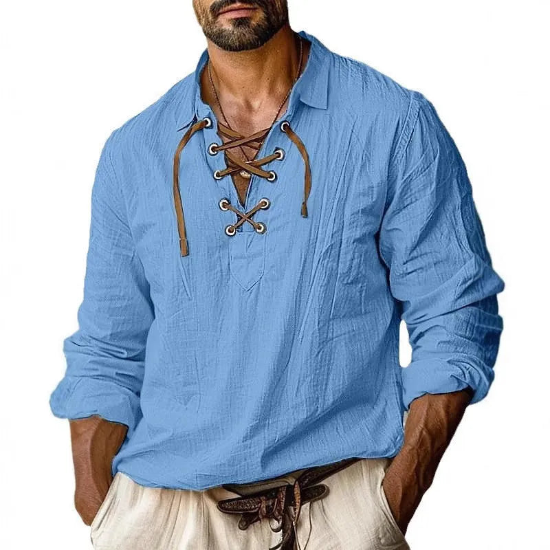 Men's loose fit plus size linen shirt with lapels and lace detailing in a solid colour.
