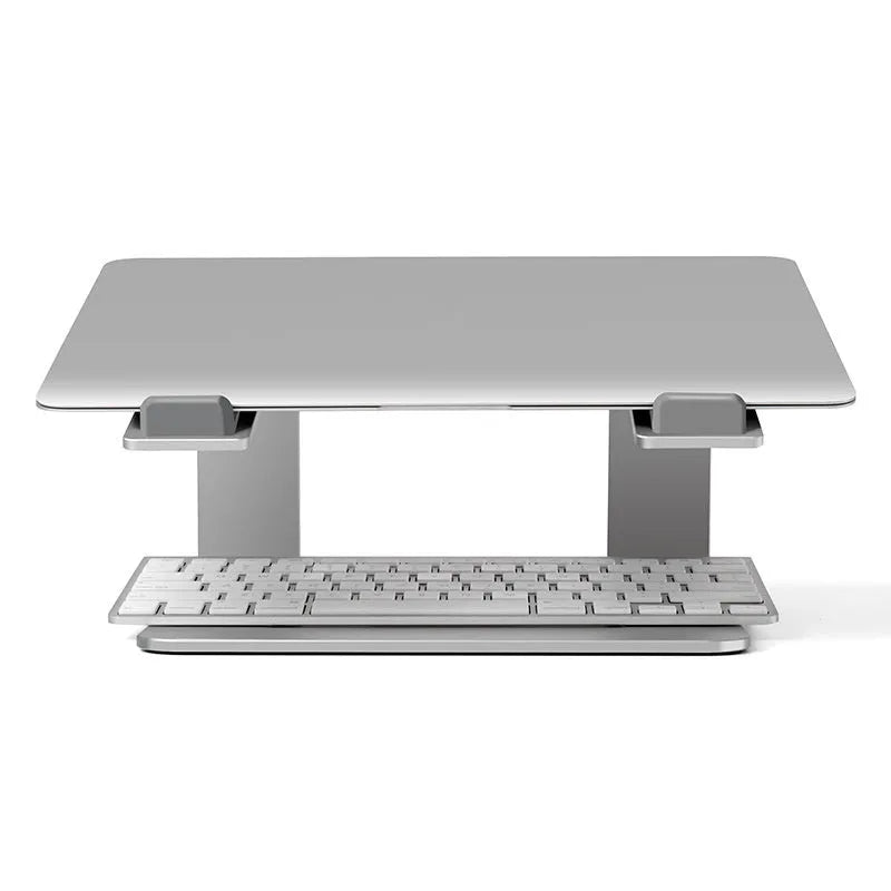 Aluminium alloy laptop stand in black or silver measuring 29.9 x 25.8 x 18.5 cm on a desk