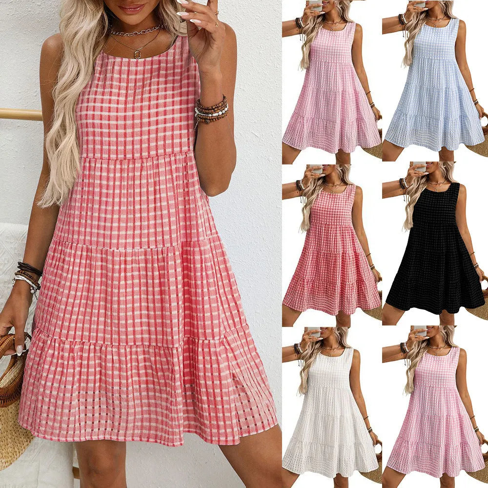 Light blue women's sleeveless plaid dress with high waist and loose swing skirt on a model.