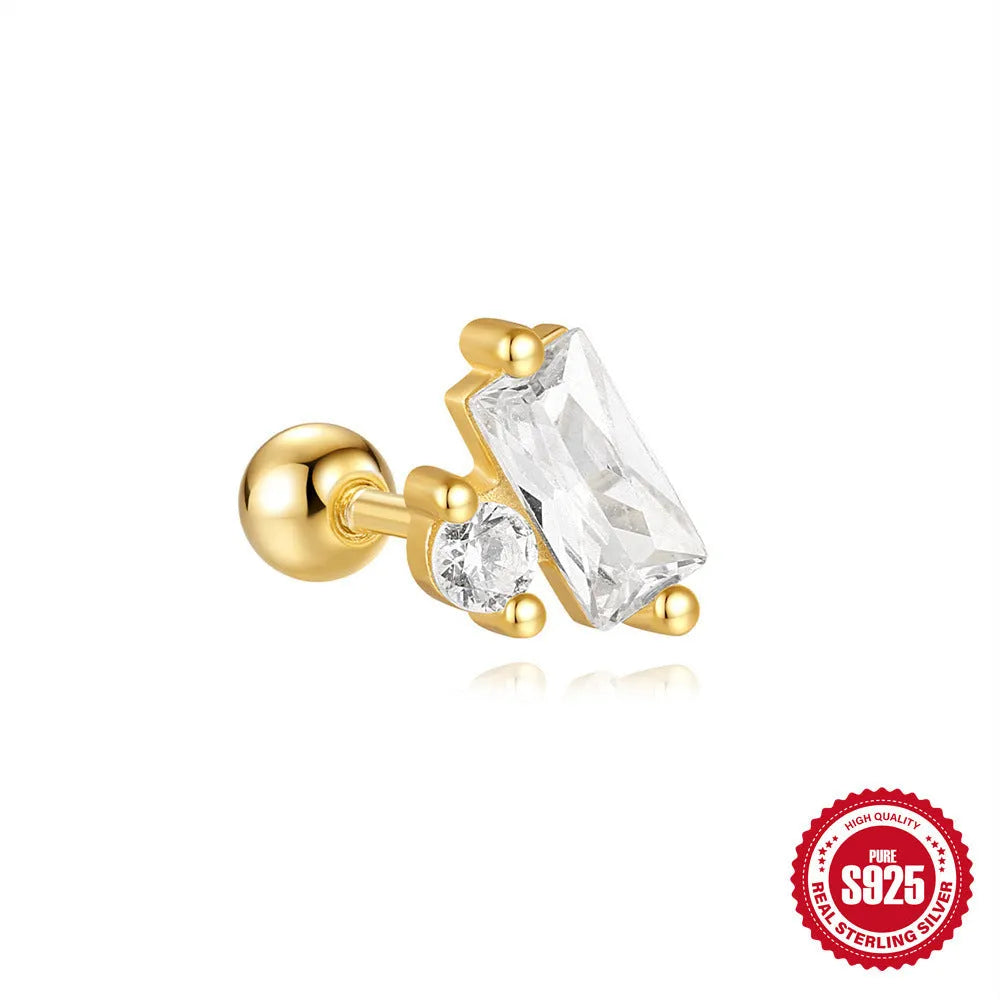 S925 sterling silver red earrings with square gravel studs and golden electroplated finish
