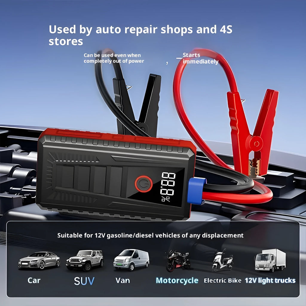 Car emergency jump starter 1500mAh 1000A with storage bag and clips on white background