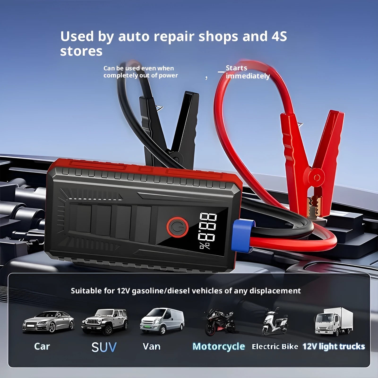 Car emergency jump starter 1500mAh 1000A with storage bag and clips on white background