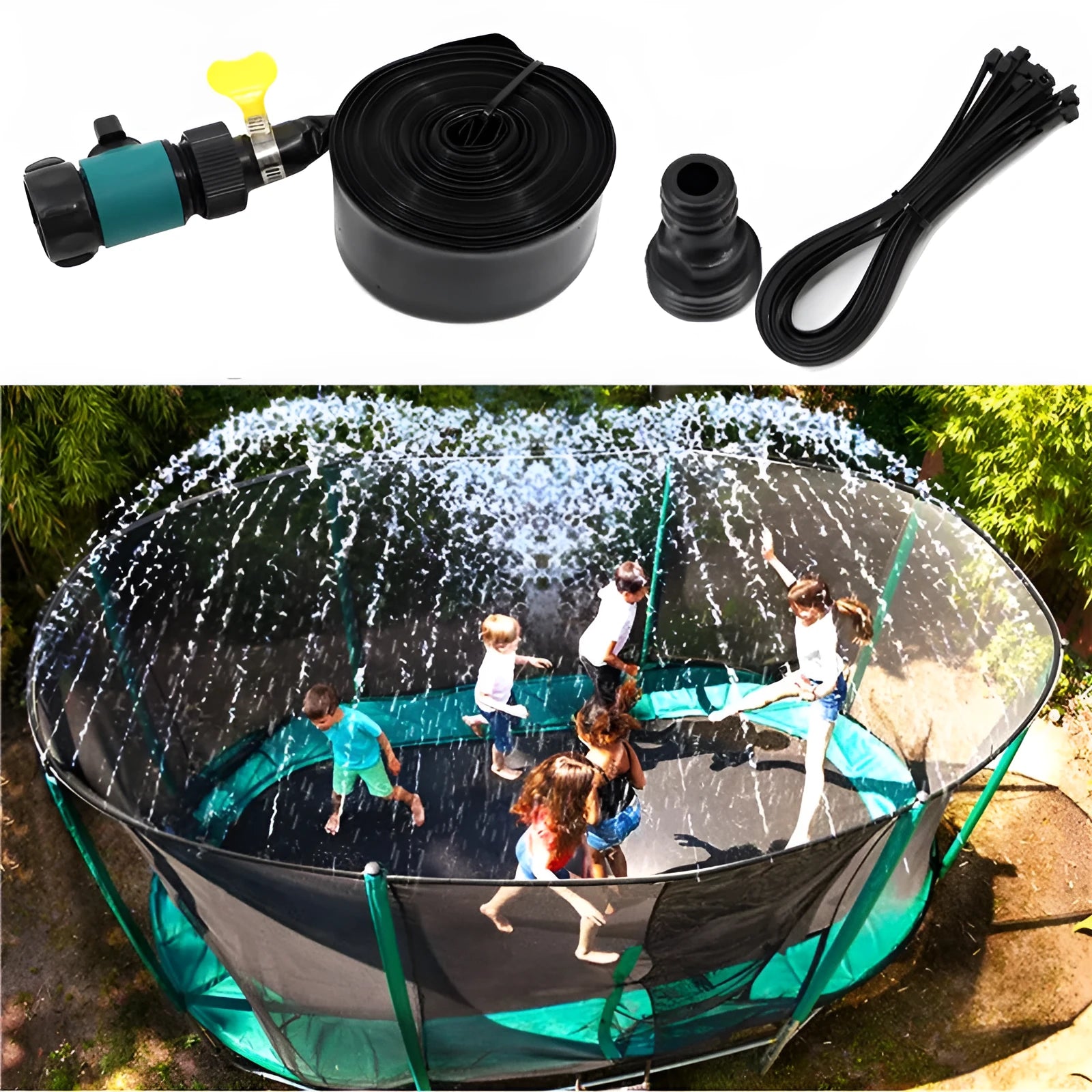 Blue or orange portable garden sprinkler with solar water cooling and PVC hose in three length options