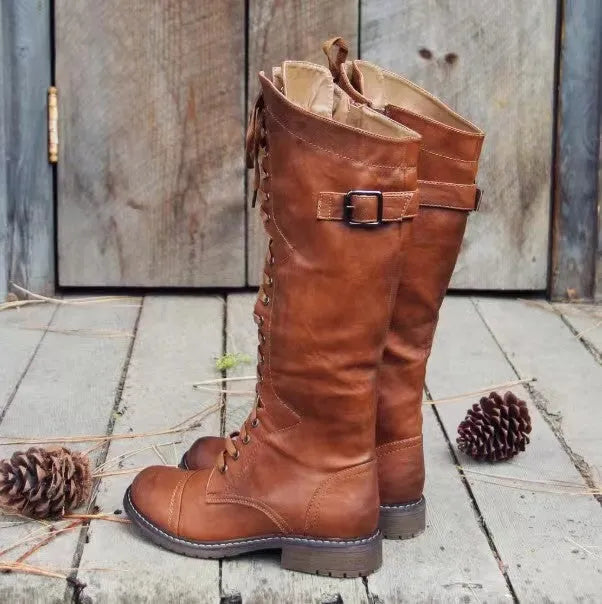 Chunky heel high leg boots in black, wine red, or brown with round toe and cotton lining