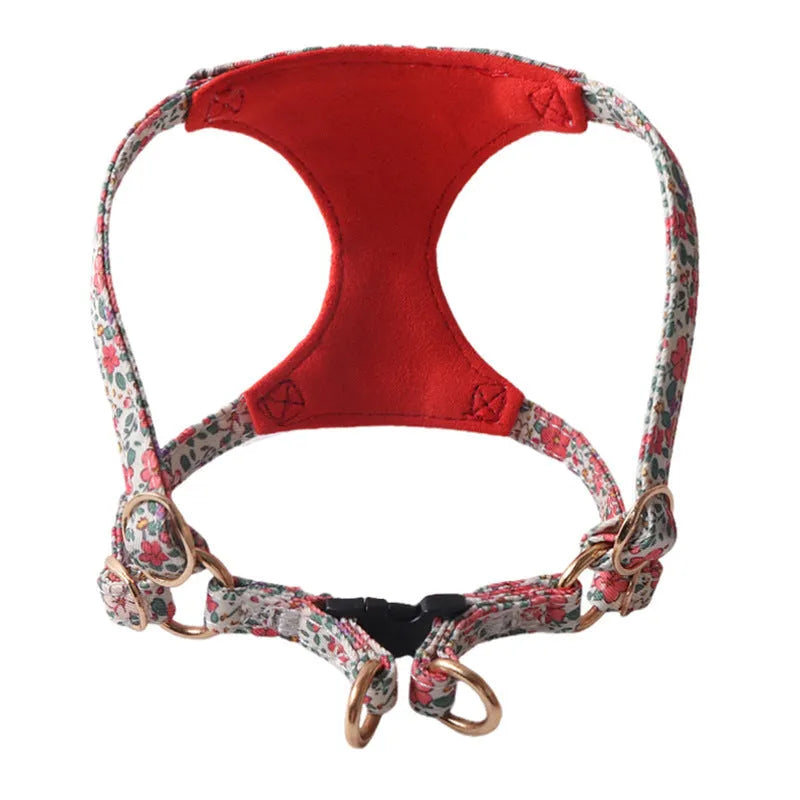 Cloth dog harness and leash set shown in an orange colour, with size options for small to medium dogs.