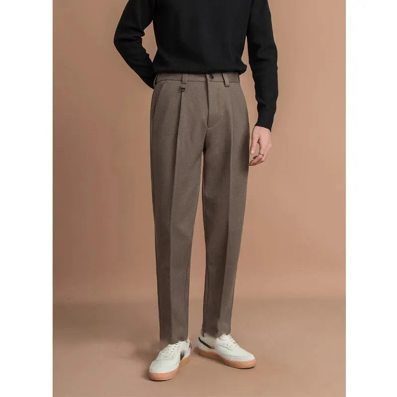 Men's straight-leg polyester trousers in a draped silhouette, shown in khaki colour.