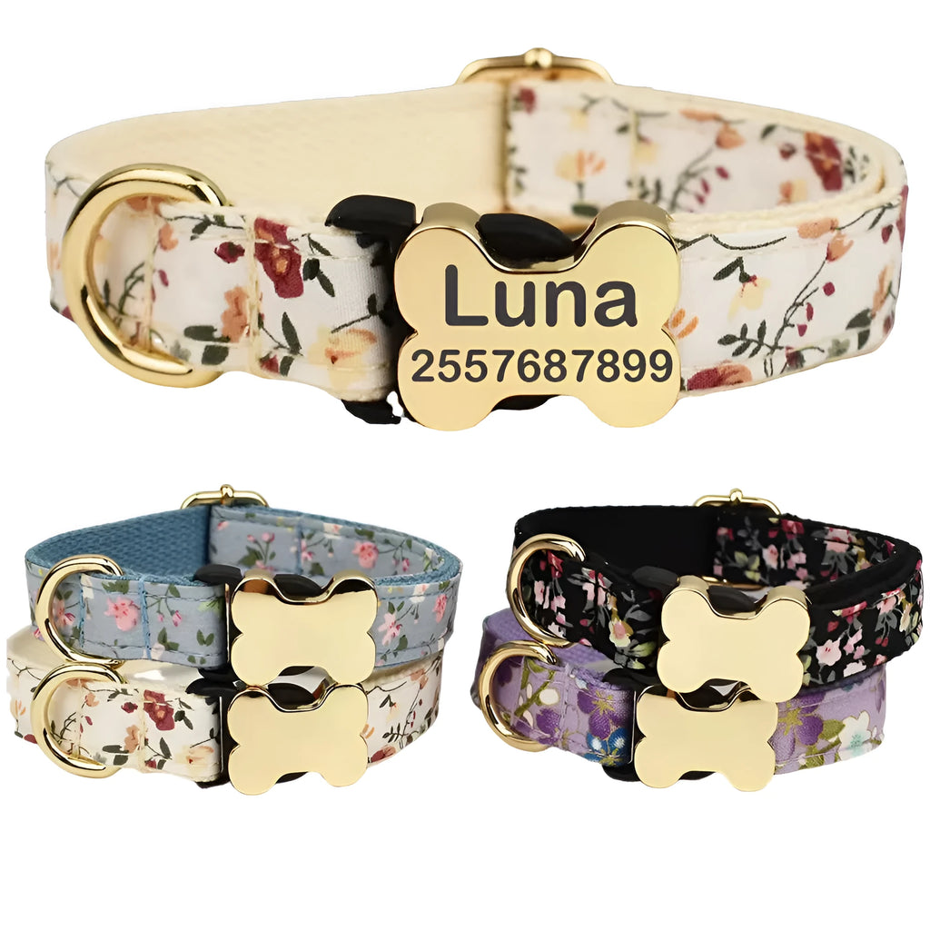 Nylon dog collar with printed grid pattern and metal bone buckle in multiple colour options