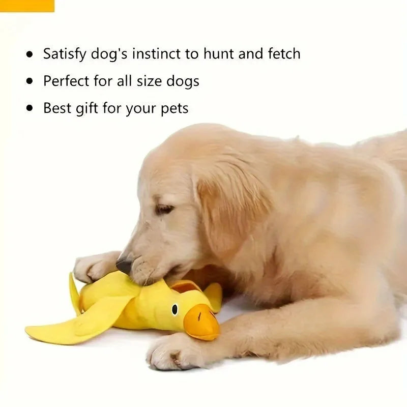 Yellow teddy bear dog toy with duck sound and treat compartments for training
