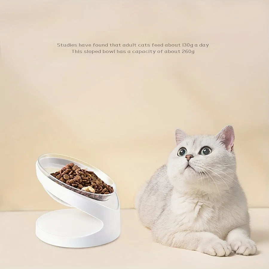White elevated cat food bowl with clear tilted plastic design for dry and wet food