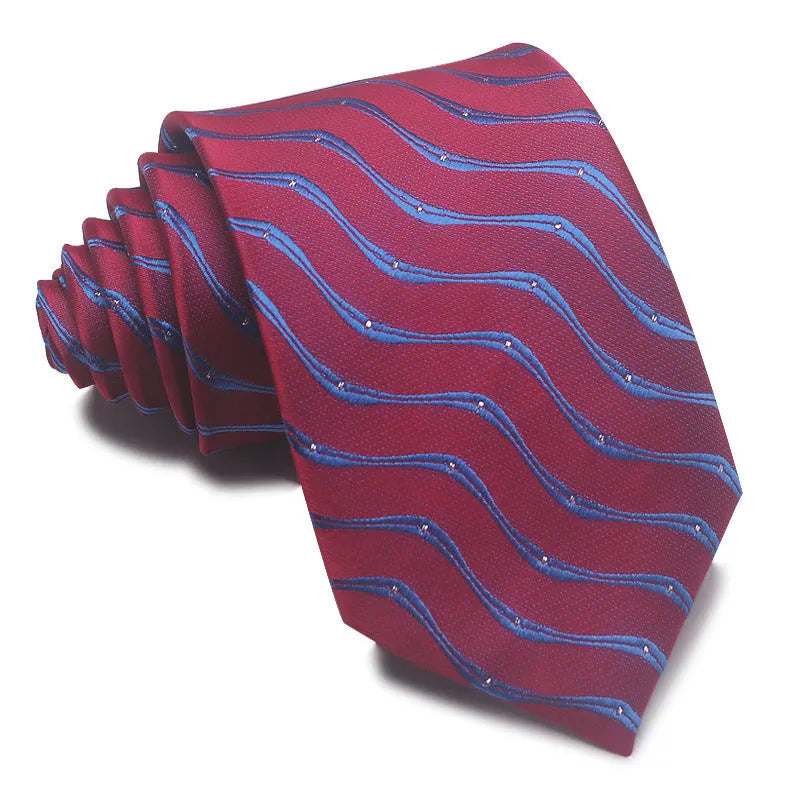 Man's red, black, and blue striped jacquard business tie with an 8cm width.