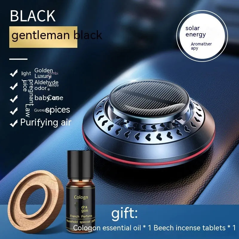 Solar-powered aluminium alloy car air freshener in black, red, or silver for odour removal.