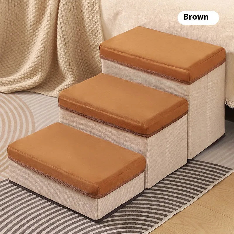 Foldable pet stairs steps for small dogs, non-slip cloth dog ladder in brown