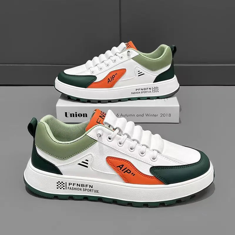 Men's white and black casual sports shoes with round toe, made from artificial PU.