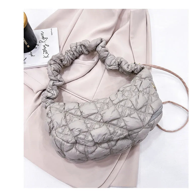 Women's casual nylon underarm messenger bag in beige colour showing dimensions and adjustable shoulder strap