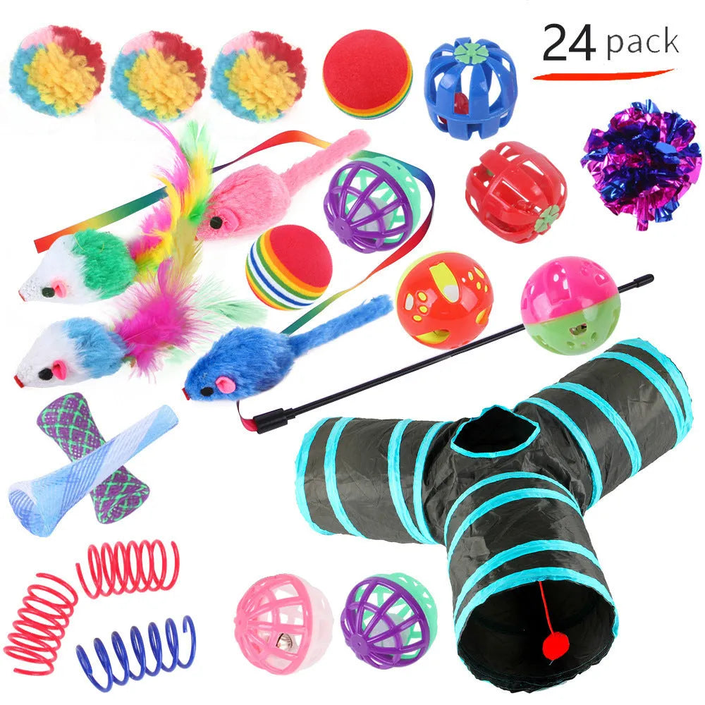 Plastic cat toy channel maze set with coloured accessories for feline play