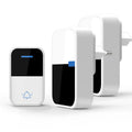 Modern white wireless doorbell kit with self-generating button and receiver showing dimensions