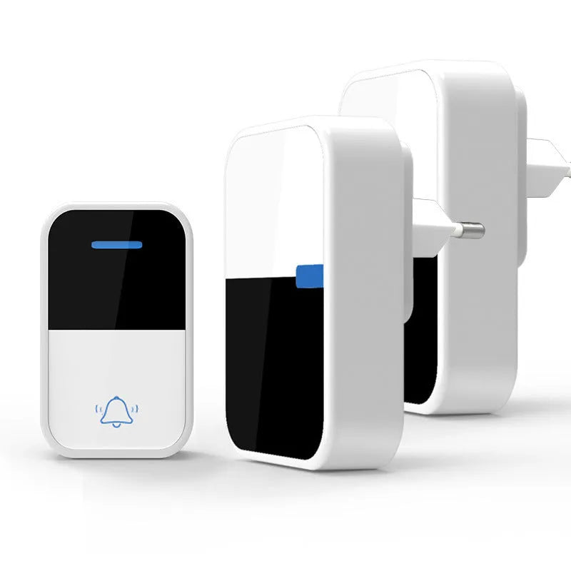 Modern white wireless doorbell kit with self-generating button and receiver showing dimensions
