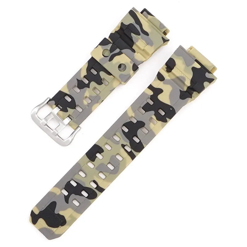 Camouflage pattern TPU watch strap with silver buckle closure shown in multiple colour options