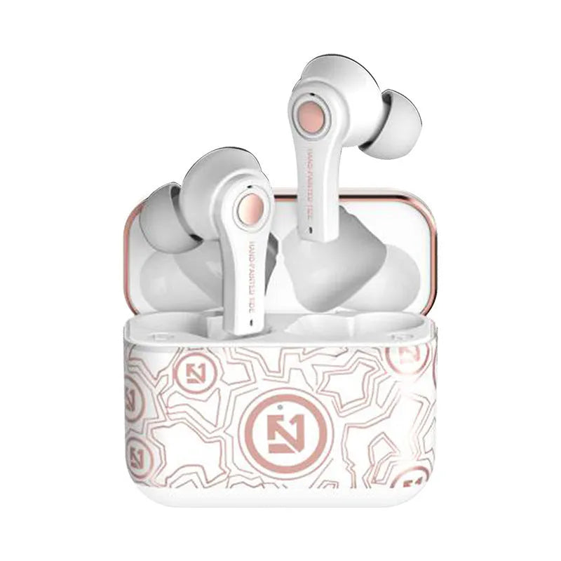 Black and white wireless Bluetooth headset with head-mounted design showing ear cups.