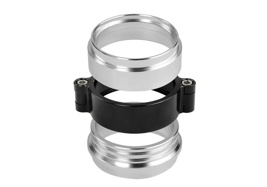 Aluminium turbocharger exhaust clamp in black, blue, or red for 2" to 4" downpipes