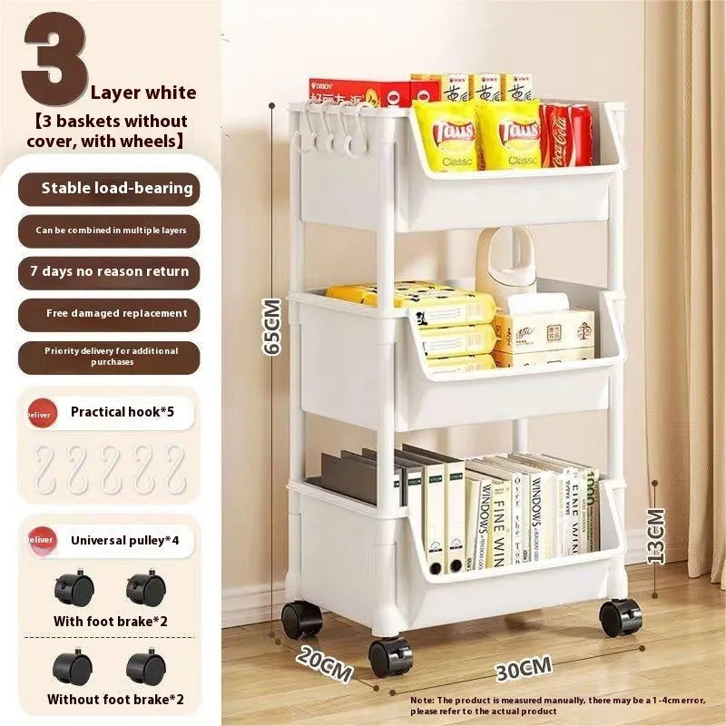White plastic household multi-layer storage rack with wheels, rotatable, 3 layers, on a floor
