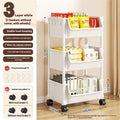 White plastic household multi-layer storage rack with wheels, rotatable, 3 layers, on a floor