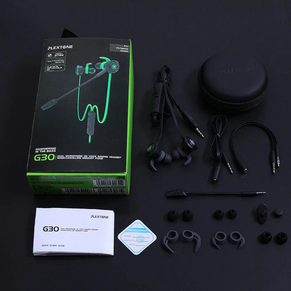 Shuangmai wired in-ear computer gaming headset with 1.5 cm cable in black, green, and red colour options