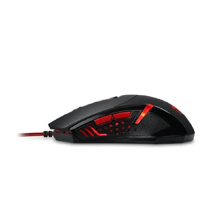 Black and red USB wired gaming mouse with six buttons on a desktop mat.