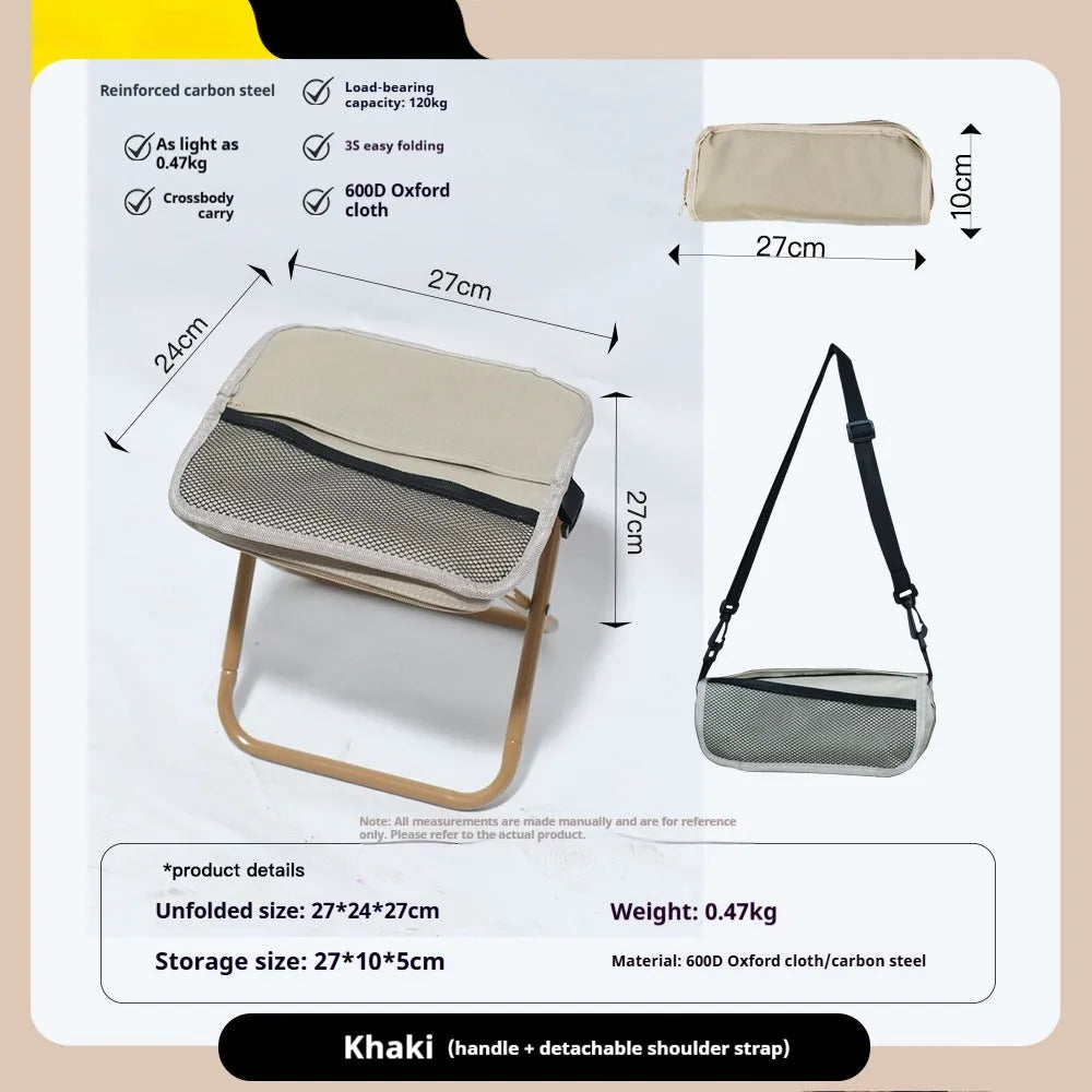 Foldable outdoor camp stool in oxford cloth shown in a khaki colour, folded compactly.