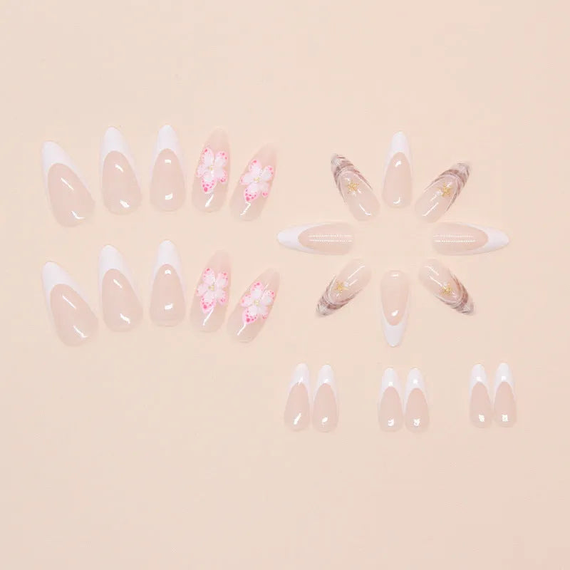 French style artificial fake nails with simple flower designs and rock pattern patch accents