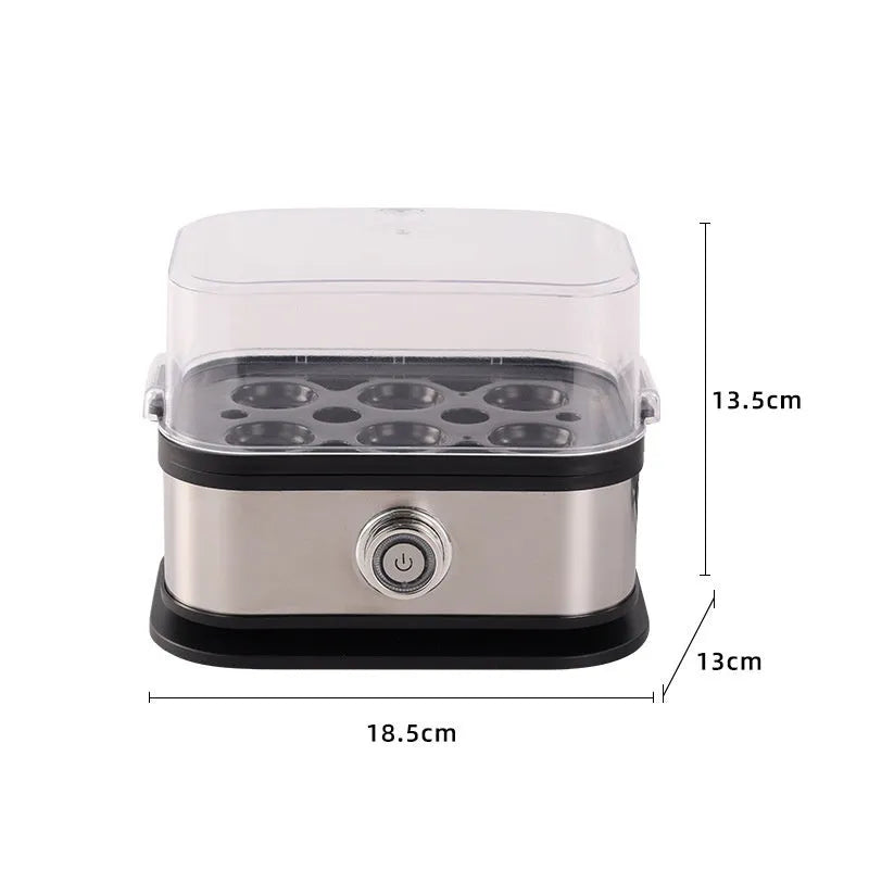 Black portable stainless steel egg boiler with plug adapters for US, UK and EU sockets.