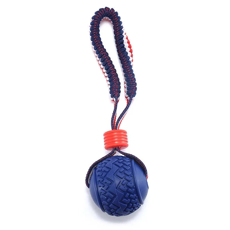 Blue and red dog ball with rope toy showing 6.5cm rubber ball attached to rope