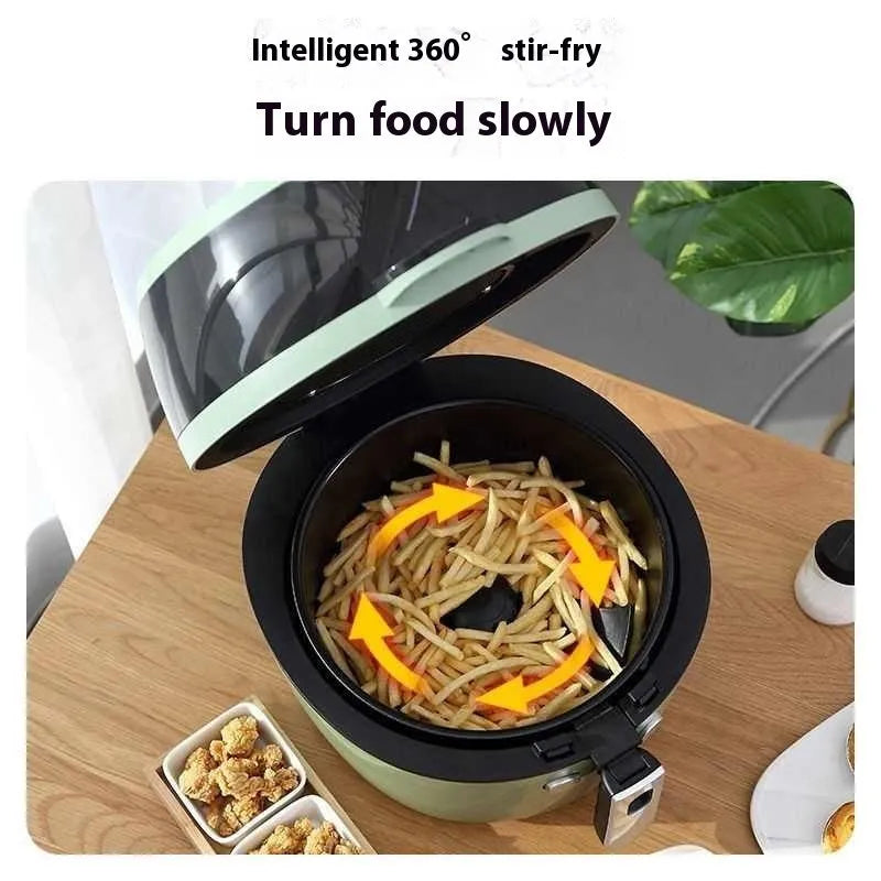 Air fryer oven with visible window showing food inside, mechanical buttons, and 8-litre capacity basket
