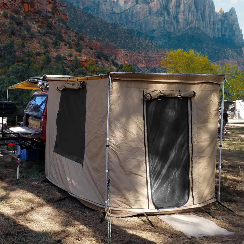 Two bedroom single layer camping tent with aluminium poles and black glue finish setup outdoors