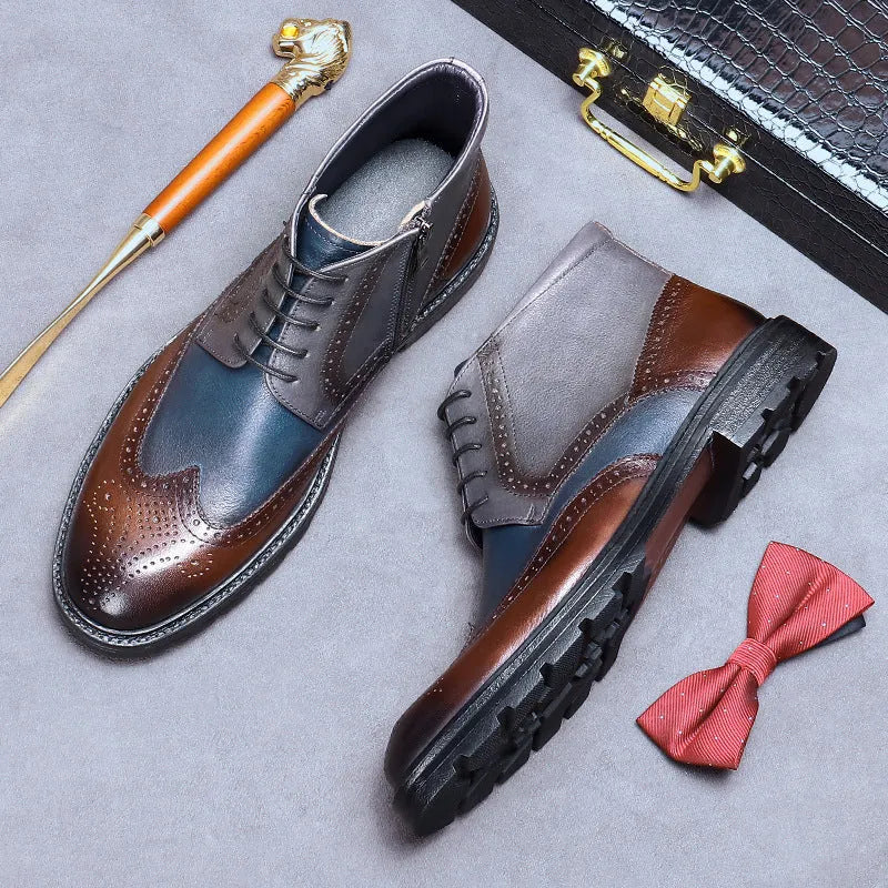 Coffee blue men's leather brogue ankle boots with decorative stitching and front laces.