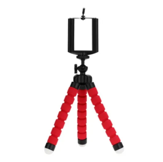 Black flexible octopus tripod with bent legs wrapped around a pole, showing smartphone mount with 1/4-20 screw.