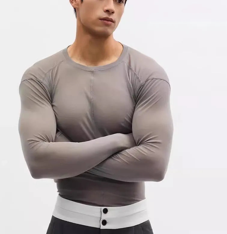 Black slim-fit women's pullover top with see-through mesh texture and long sleeves.