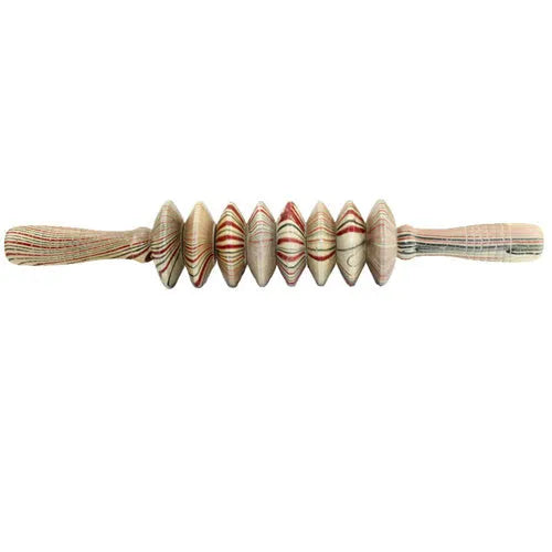 Wooden massage roller 38cm placed on surface, used for back and leg muscle trigger point recovery