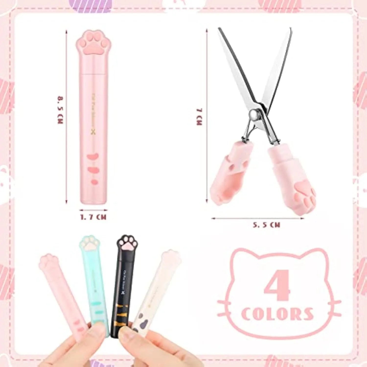 Cat paw mini folding scissors in pink, white, black, and blue colour options