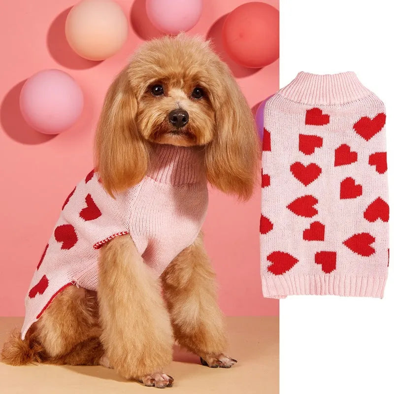 Small dog wearing a pink acrylic sweater with a bow and love heart design in ins style