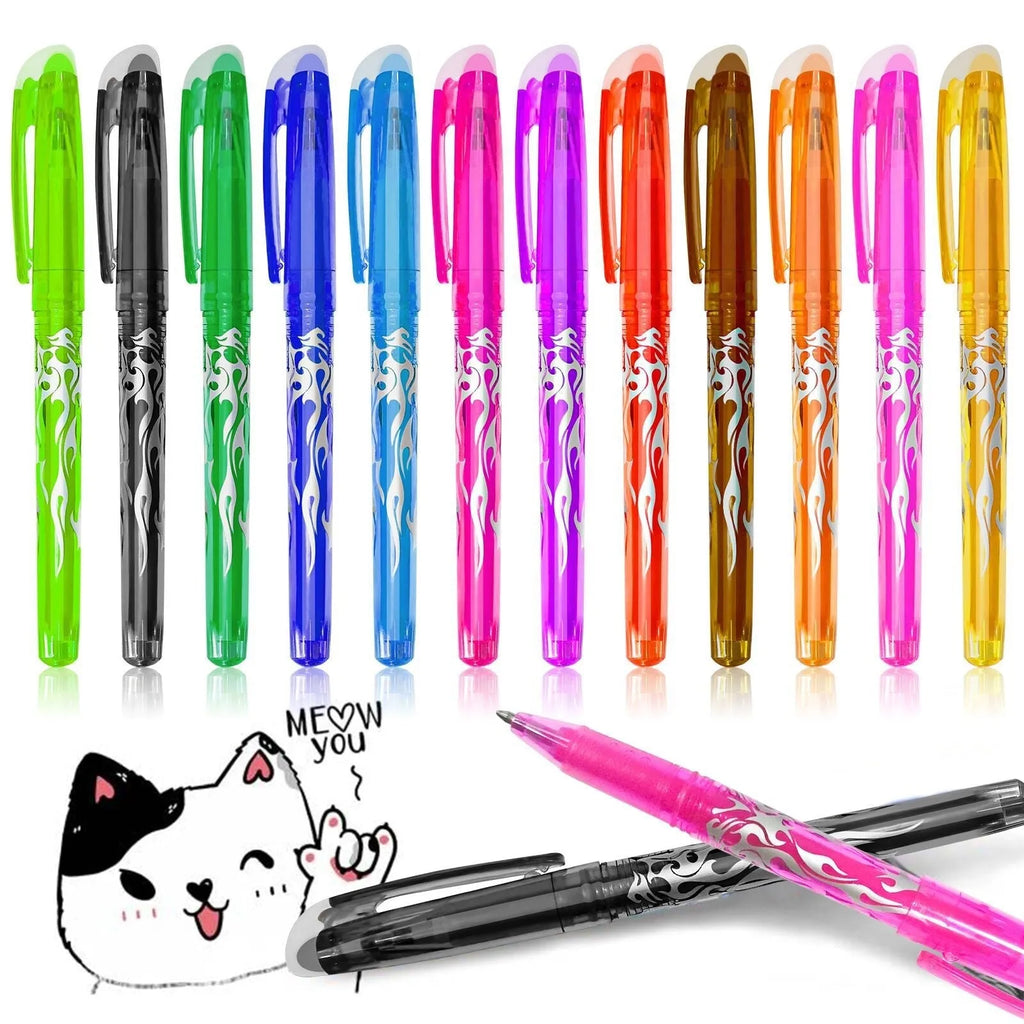 Set of heat-erasable gel pens with plastic barrels and stainless steel tips, showing assorted colours.