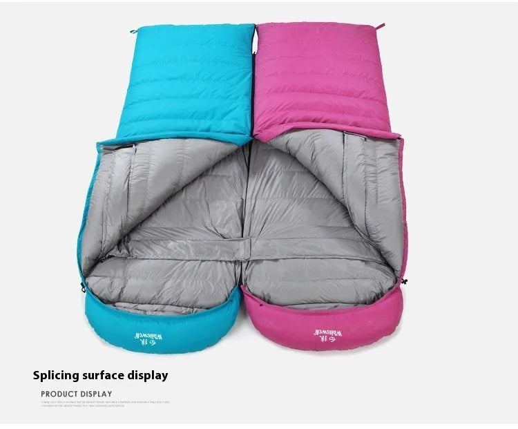 Black adult down sleeping bag with envelope structure for outdoor camping