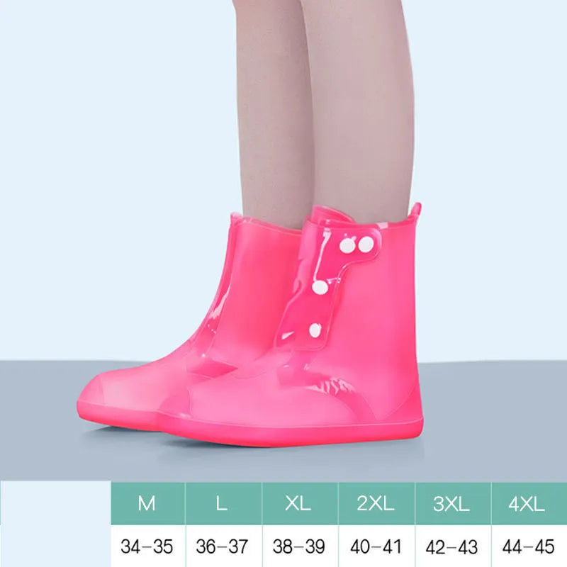 White PVC high top women's water resistant shoe covers with anti-skid soles shown in size options
