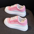 Women's beige and pink cowhide leather board shoes with a thick sole for height increase.
