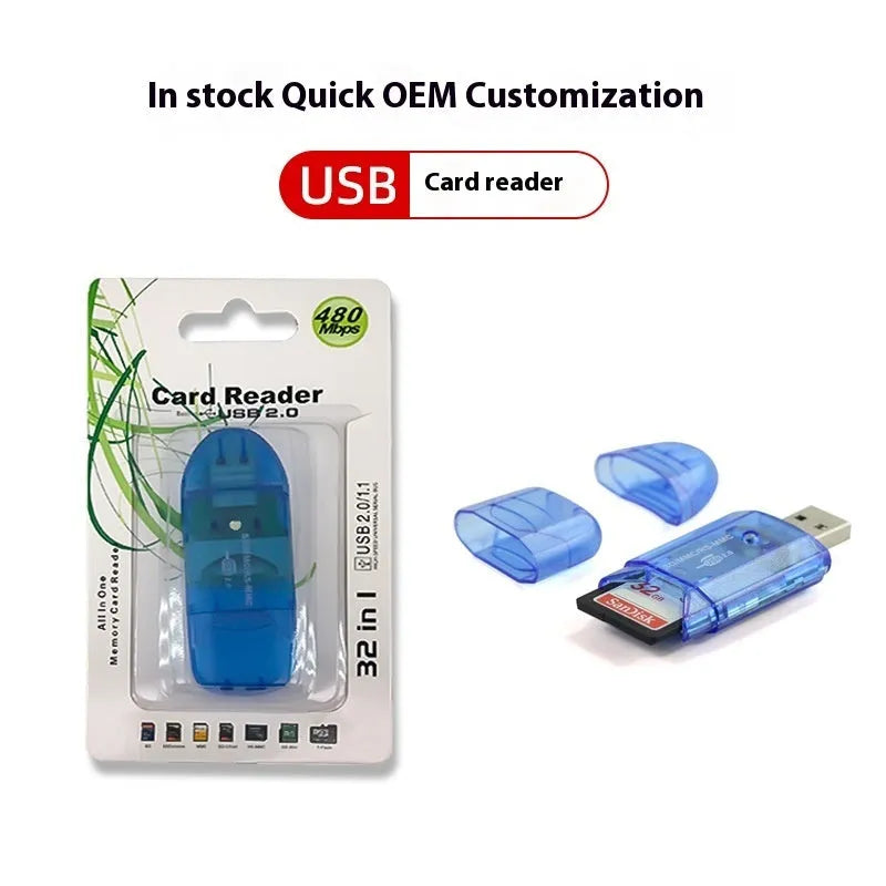Transparent plastic USB card reader with LED light on a desk
