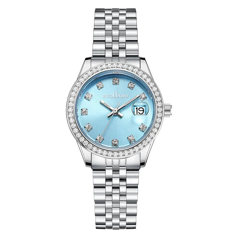 Women's silver calendar watch with circular 32mm dial and stainless steel folding buckle