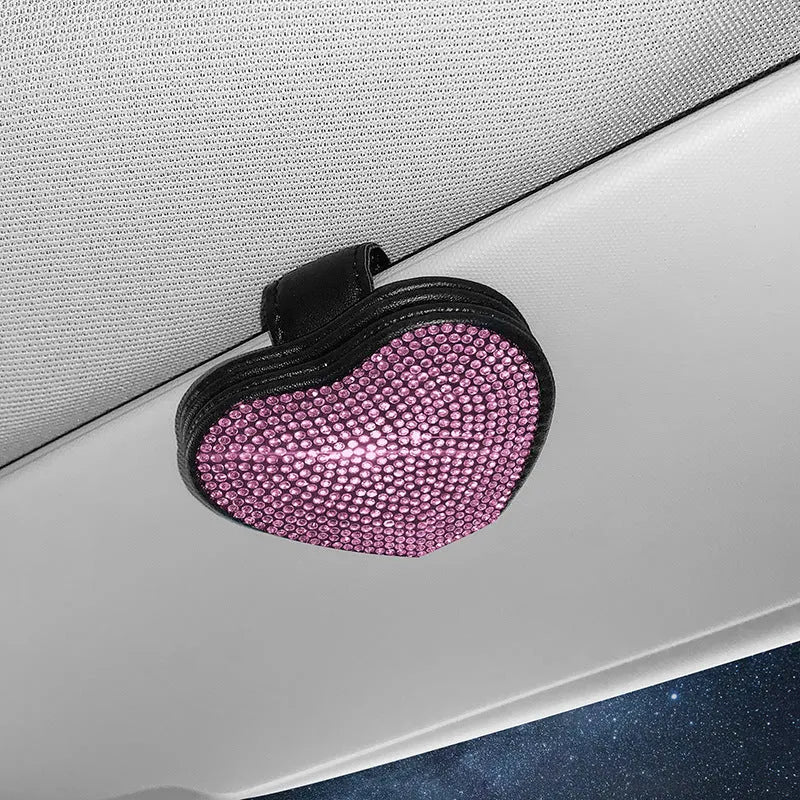 Diamond-encrusted PU leather car sun visor clip with magnetic closure for storing glasses and tickets.