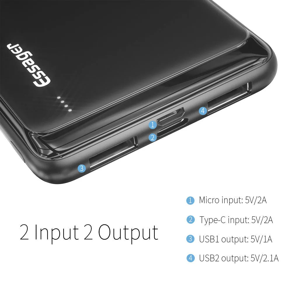 Essager Small Jane black 10000mAh power bank showing dual USB ports and LED indicators