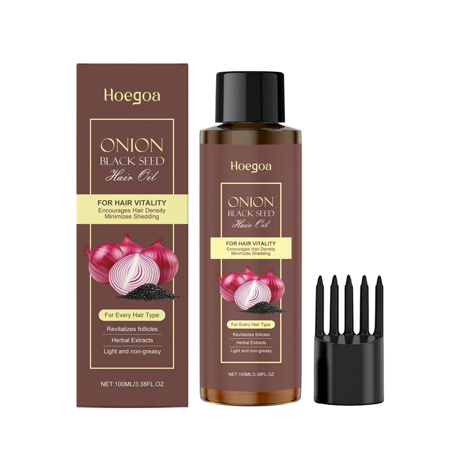 100ml bottle of nourishing hair care essential oil with accessories on a box