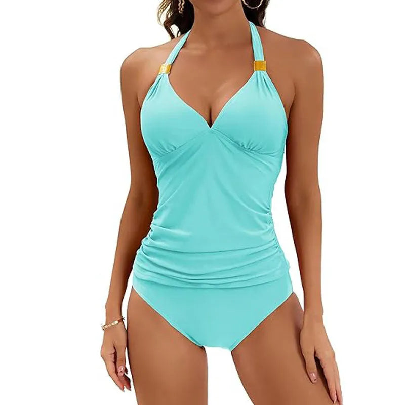 Women's red halter neck tie front two-piece swimsuit with matching briefs on a mannequin.
